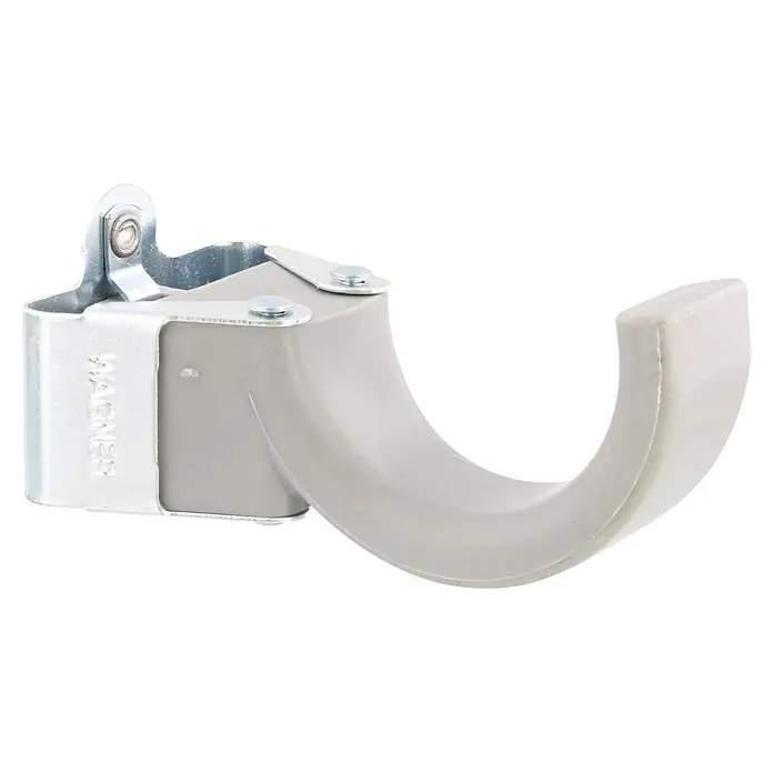 Wagner System Wandhaken groß EH 2047 - L x H: 9 x 3,7 cm - Das Bild zeigt einen Wandhaken von Wagner mit einer Metallhalterung und einem grauem Hakenarm, ideal zur Aufbewahrung von Werkzeugen.