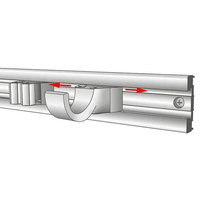 Wagner System Wandhaken groß EH 2047 - L x H: 9 x 3,7 cm - Darstellung eines flexiblen Garderobensystems mit verschiebbaren Haken an einer Aluminiumschiene, ideal für die Organisation von Kleidung.