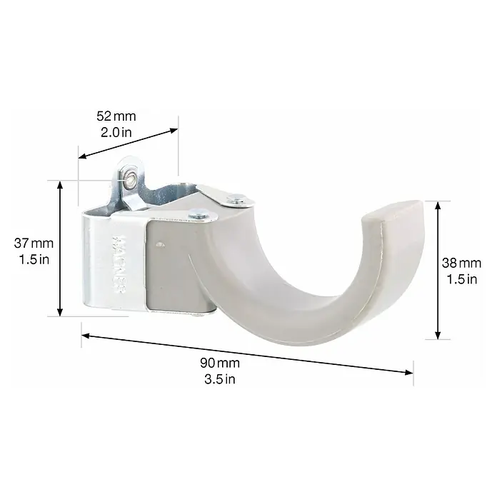 Wagner System Wandhaken groß EH 2047 - L x H: 9 x 3,7 cm - Nahaufnahme eines Wandhakens aus Metall und Kunststoff mit Maßangaben in Millimetern und Zoll. Ideal für Werkstatt und Garage.