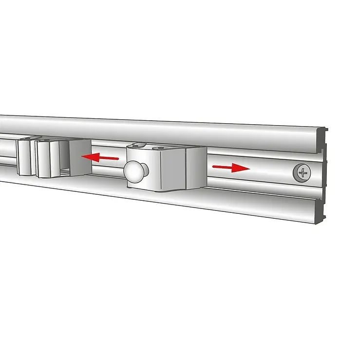 Wagner System Gerätehalter-Set Knopf EH 2048 - 2 Stk. - Detailaufnahme einer Gardinenschiene mit verschiebbaren Befestigungselementen und roten Richtungspfeilen zur Illustration der Bewegung.