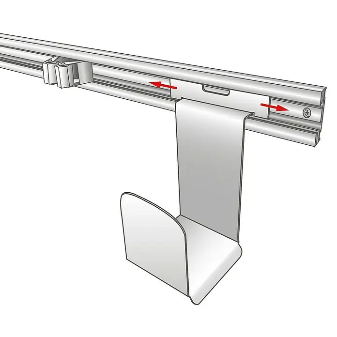 Wagner System Schlauchhalterung EH 2056 - 12,7 x 10,3 x 24,5 cm - Bild eines J-Haken Aufhängersystems. Das System ist aus Metall und wird an einer Schiene befestigt. Ideal für Ordnung und Organisation.