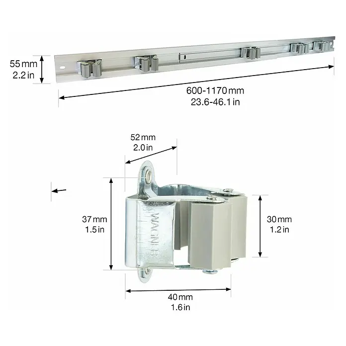 Wagner System Gerätehalter-Set mit Clips - 6 -tlg. - Detailaufnahme einer Wandhalterung mit Maßen. Die Halterung besteht aus Metall und Kunststoffelementen zur Aufbewahrung von Gegenständen.