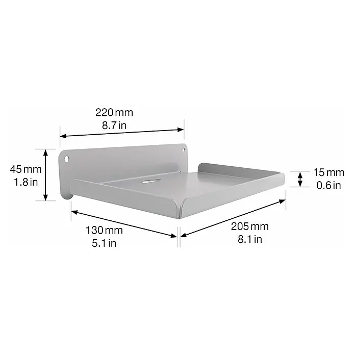 Wagner System Ablage EH 2055 - 22 x 13 x 4,5 cm - Detailansicht des silbernen Wandregals mit Maßangaben in Millimetern und Zoll zur Produktinformation.