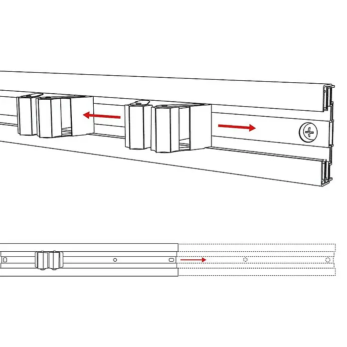 Wagner System Gerätehalter-Set mit Clips - 6 -tlg. - Darstellung eines Mop- und Besenhalters zur Wandmontage mit verschiebbaren Halteelementen und einer Schienenverlängerung.