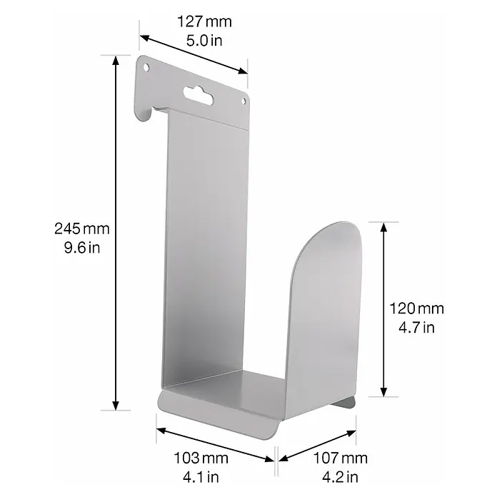 Wagner System Schlauchhalterung EH 2056 - 12,7 x 10,3 x 24,5 cm - Bild eines silbernen Wandregals mit den Maßen 245 mm Höhe, 127 mm Breite und 107 mm Tiefe, ideal für die Wandmontage zur Aufbewahrung.