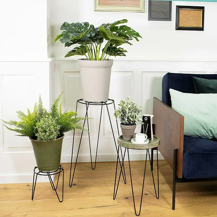Wagner System GreenFamily Blumenständer - Ø x H: 48 x 60 cm, Stahl, Schwarz - Zimmerpflanzen-Arrangement mit Farn, Monstera und kleinem Grün auf schlanken, schwarzen Pflanzenständern. Dekorative Pflanzen in Töpfen.