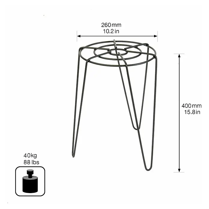 Wagner System GreenFamily Blumenständer - Ø x H: 26 x 40 cm, Stahl, Schwarz - Abbildung eines schwarzen Pflanzenständer mit den Maßen 260 mm (Durchmesser) und 400 mm (Höhe) und einer Traglast von 40 kg.