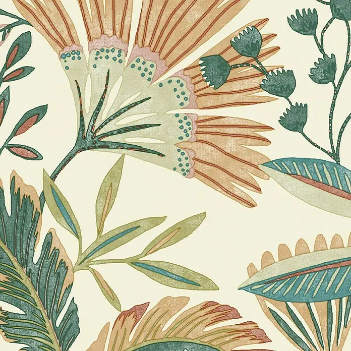 Papel pintado Botánico - Verde/Beige, 10 x 0,53 m - Un patrón floral con flores y hojas estilizadas en colores tenues, ideal para textiles o decoración de paredes.
