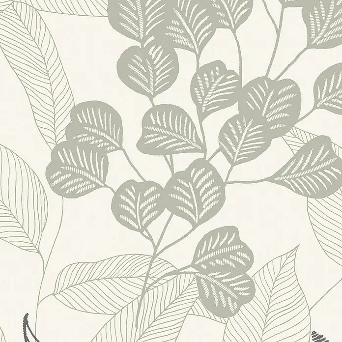 Papel pintado Vegetal nórdico - Beige, 10 x 0,53 m - Arte mural decorativo con un patrón de hojas en tonos grises y beige, ideal para un diseño interior elegante.