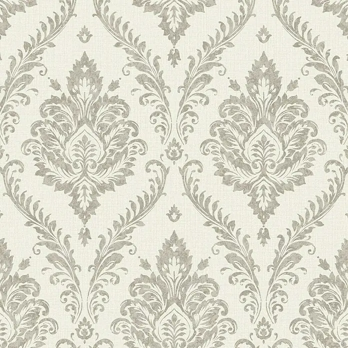 Papel pintado Damasco - Beige/Gris, 10 x 0,53 m - Elegante papel tapiz con diseño de damasco en tonos grises suaves sobre un fondo beige. Diseño decorativo para paredes de interiores.