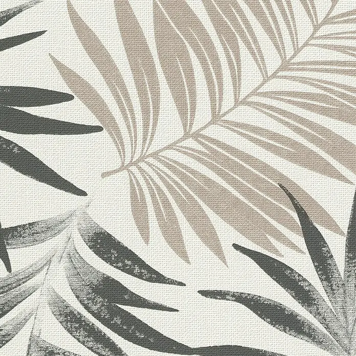 Papel pintado Hojas palmera - Blanco/Negro, 10 x 0,53 m - Primer plano de un estampado de tela con hojas de palma estilizadas en tonos beige y gris sobre fondo claro.