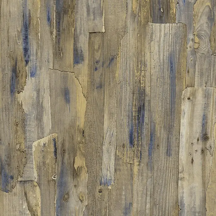 Papel pintado Rústico - Marrón, 10 x 0,53 m - Paneles de madera recuperada con encanto rústico. El grano natural y los detalles en azul dan a cualquier pared un aspecto vintage único.