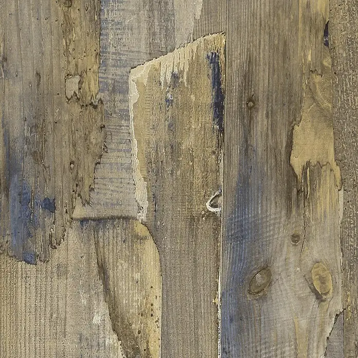 Papel pintado Rústico - Marrón, 10 x 0,53 m - Primer plano de un fondo de madera rústica con textura, que presenta diferentes tonos de marrón y acentos azulados, creando una estética natural y vintage.