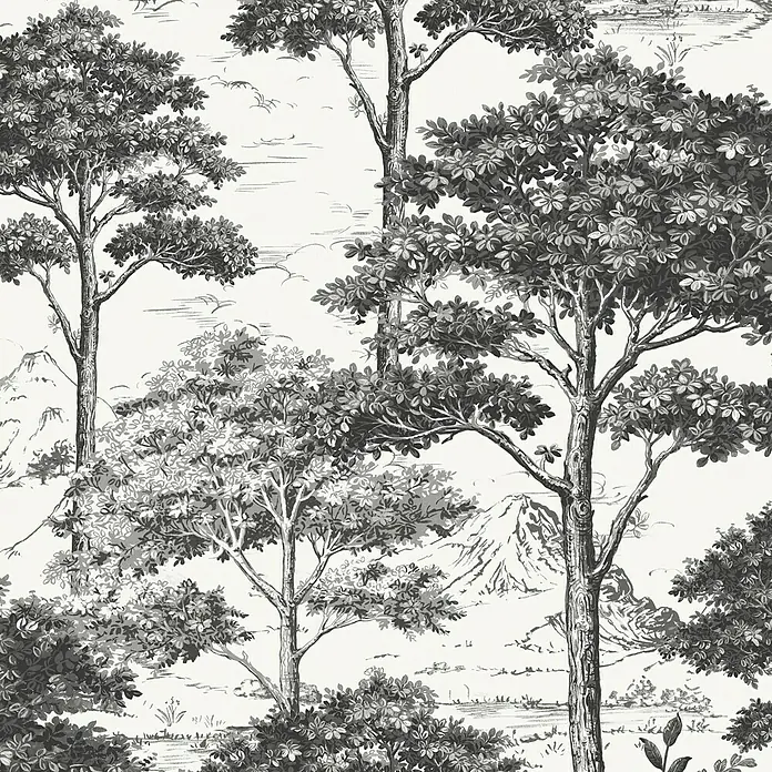 Papel pintado Arboles B&N - Blanco/Negro, 10 x 0,53 m - Elegante papel pintado con un motivo de bosque detallado en blanco y negro, ideal para una decoración de pared.