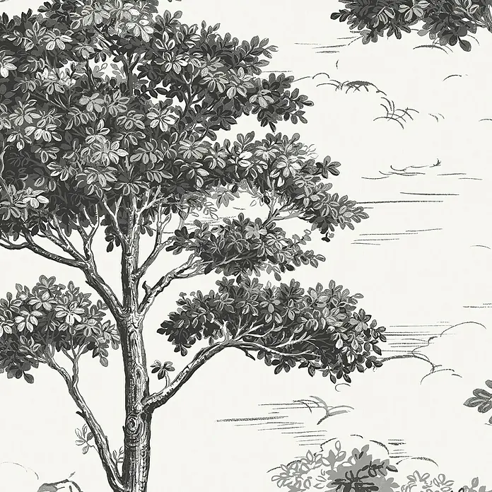 Papel pintado Arboles B&N - Blanco/Negro, 10 x 0,53 m - Papel pintado de árbol estilo Toile de Jouy. El patrón detallado muestra un árbol con hojas, combinado con elegantes nubes y matas de hierba.