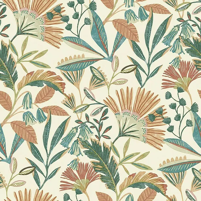Papel pintado Botánico - Verde/Beige, 10 x 0,53 m - Patrón sin costuras con flores y hojas dibujadas a mano en tonos de verde, azul y marrón sobre un fondo beige. Ideal para textiles y papel tapiz.