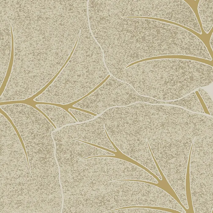 Papel pintado Hojas Vegetal - Marrón, 10 x 0,53 m - Primer plano de papel tapiz con motivos de hojas en tonos neutros. El diseño presenta hojas texturizadas con detalles dorados y fondo claro.