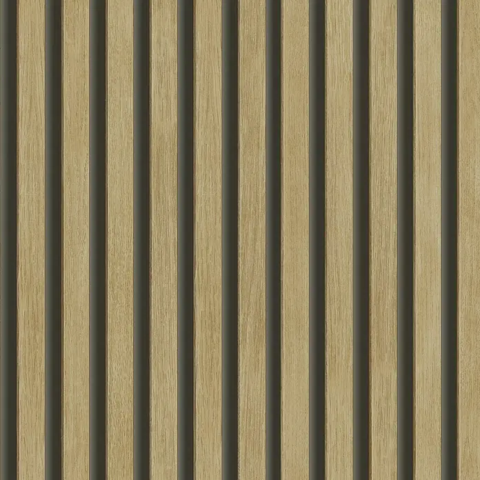 Papel pintado Listones de madera - Marrón, 10 x 0,53 m - Pared de paneles de madera con listones verticales de madera marrón claro y espacios oscuros en medio para un diseño de pared moderno y natural.