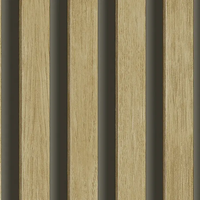 Papel pintado Listones de madera - Marrón, 10 x 0,53 m - Un primer plano de paneles de madera con acentos verticales grises, mostrando un diseño de pared moderno y elegante.