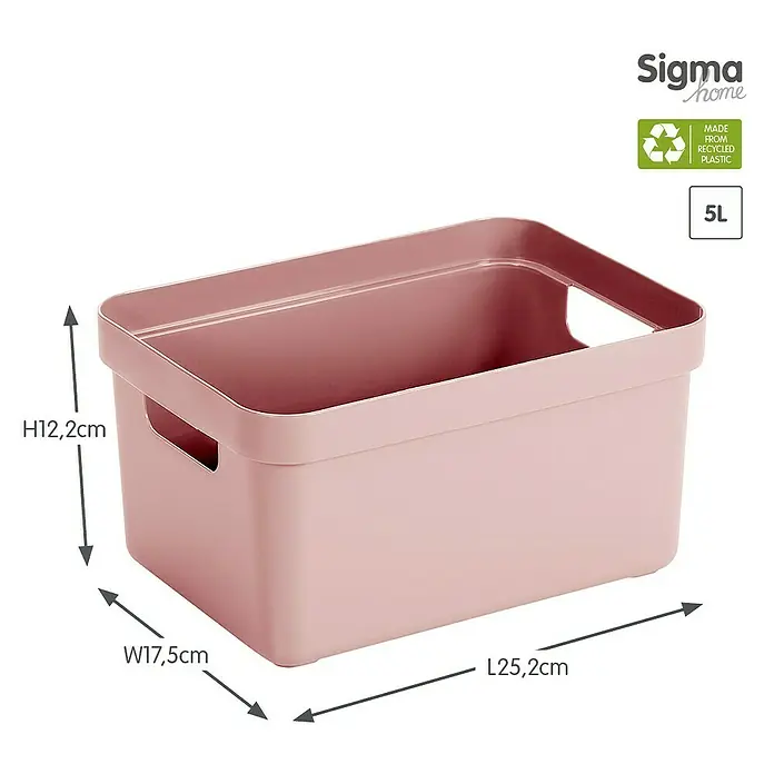 Sunware Aufbewahrungsbox Sigma Home - L x B x H: 25,2 x 17,5 x 12,2 cm, Kunststoff, Rosa - Ein rosafarbener Sigma Home Aufbewahrungsbehälter aus recyceltem Kunststoff mit den Maßen H12,2cm, B17,5cm, L25,2cm und einem Fassungsvermögen von 5L.
