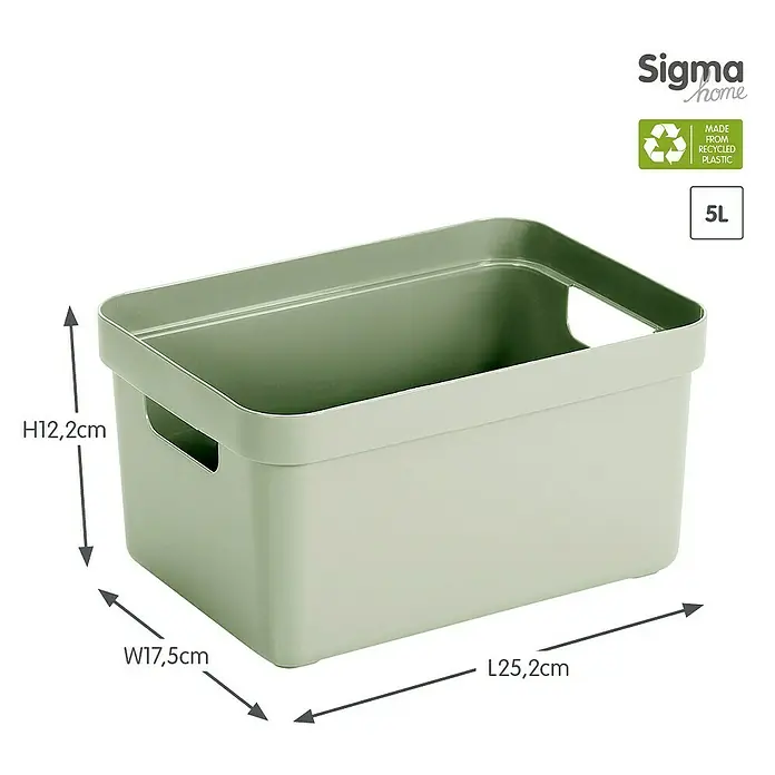 Sunware Aufbewahrungsbox Sigma Home - L x B x H: 25,2 x 17,5 x 12,2 cm, Kunststoff, Hellgrün - Ein grüner Sigma Home Aufbewahrungsbehälter aus recyceltem Kunststoff mit den Maßen H12,2cm, B17,5cm und L25,2cm, Fassungsvermögen 5L.