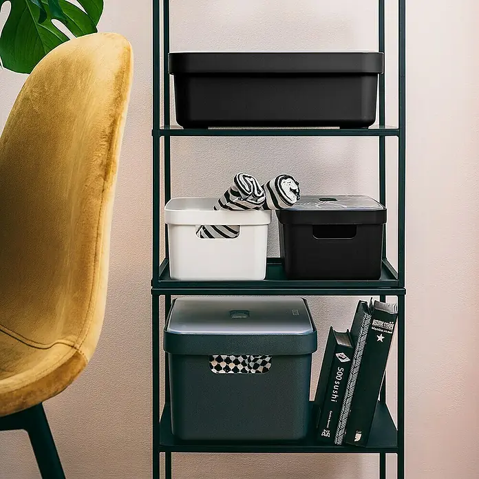 Sunware Aufbewahrungsbox Sigma Home - L x B x H: 25,2 x 17,5 x 12,2 cm, Kunststoff, Schwarz - Auf dem Regal stehen drei Aufbewahrungsboxen in Schwarz, Weiß und Dunkelgrün, die für Ordnung im Raum sorgen.