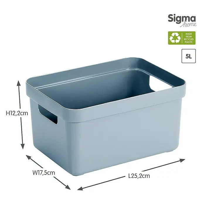 Sunware Aufbewahrungsbox Sigma Home - L x B x H: 25,2 x 17,5 x 12,2 cm, Kunststoff, Blaugrau - Bild eines graublauen Sigma Home Aufbewahrungsbehälters aus recyceltem Kunststoff, 5L, mit Maßangaben.