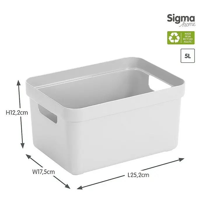 Sunware Aufbewahrungsbox Sigma Home - L x B x H: 25,2 x 17,5 x 12,2 cm, Kunststoff, Weiß - Abbildung einer weißen 5L Sigma Home Aufbewahrungsbox aus recyceltem Kunststoff mit den Maßen H12,2cm, B17,5cm, L25,2cm.
