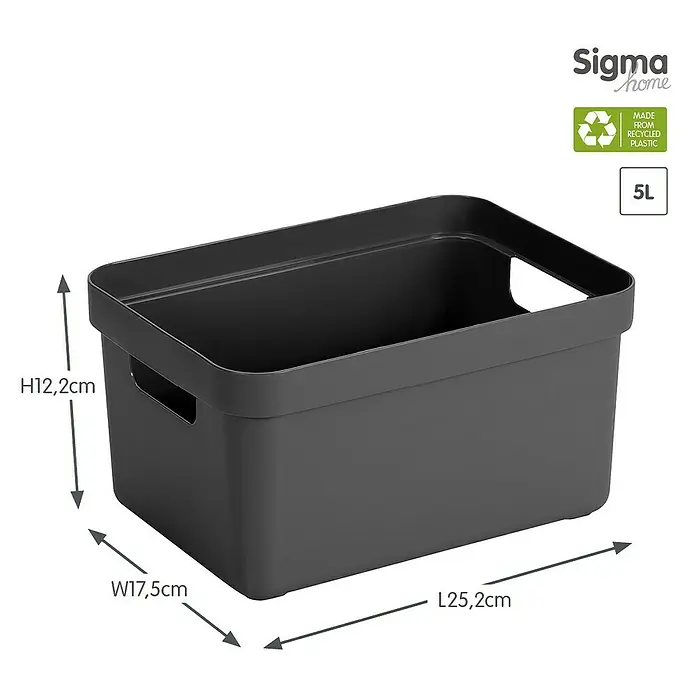 Sunware Aufbewahrungsbox Sigma Home - L x B x H: 25,2 x 17,5 x 12,2 cm, Kunststoff, Anthrazit - Abbildung einer grauen 5L Sigma Home Aufbewahrungsbox aus recyceltem Kunststoff mit den Maßen H12,2cm, B17,5cm und L25,2cm.