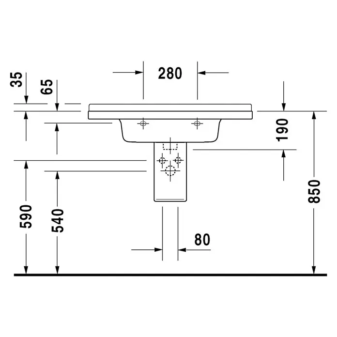 Duravit Starck 3 Waschtisch Typ 1 - 85 x 48,5 cm, Ohne Spezialglasur, Hahnloch: Mitte, Mit Überlauf, Weiß - Technische Zeichnung eines Waschtisches mit Maßen, die die Installation veranschaulichen.‎