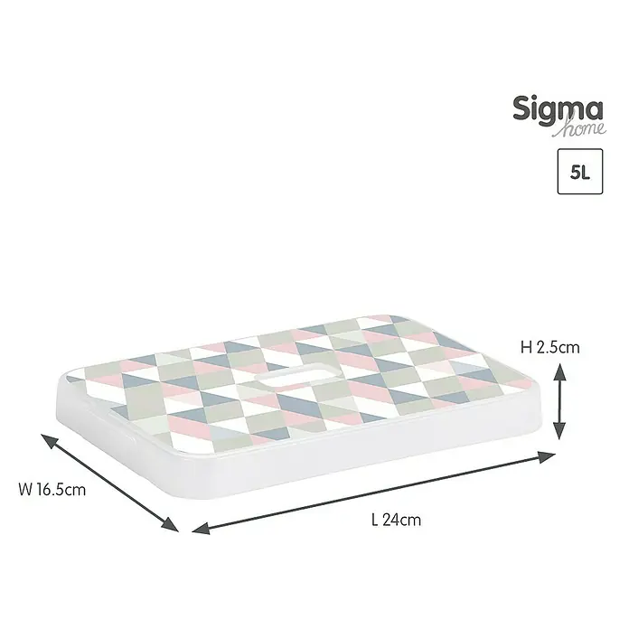 Sunware Deckel Sigma Home - Passend für: Sigma Home Aufbewahrungsbox 5 l, Kunststoff, Mehrfarbig - Abbildung eines Sigma Home 5L Tritthockers in Weiss mit geometrischem Muster und Massangaben.