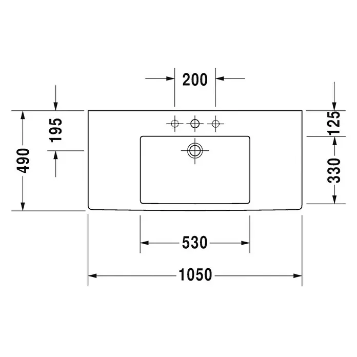 Duravit Vero Waschtisch - 105 x 49 cm, Ohne Spezialglasur, Hahnloch: Mitte, Mit Überlauf, Weiß, Ungeschliffen - Technische Zeichnung eines Waschbeckens mit Maßangaben.