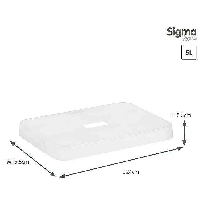 Sunware Deckel Sigma Home - Passend für: Sigma Home Aufbewahrungsbox 5 l, Kunststoff, Transparent - Abbildung einer weißen Sigma Home-Box, Länge 24 cm, Breite 16,5 cm und Höhe 2,5 cm, ideal für die Aufbewahrung im Haushalt.