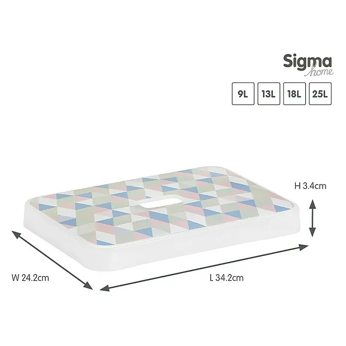 Sunware Deckel Sigma Home - Passend für: Sigma Home Aufbewahrungsbox 9, 13, 18, & 25 l, Kunststoff, Mehrfarbig - Produktdarstellung eines Sigma Home Deckels mit geometrischem Muster und den Maßen 34.2cm Länge, 24.2cm Breite und 3.4cm Höhe.