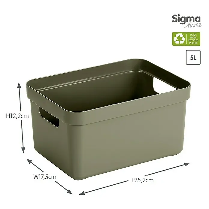 Sunware Aufbewahrungsbox Sigma Home - L x B x H: 25,2 x 17,5 x 12,2 cm, Kunststoff, Dunkelgrün - Ein grauer Sigma Home 5L Aufbewahrungsbehälter aus recyceltem Kunststoff, mit Größenangaben (H12,2cm, W17,5cm, L25,2cm).