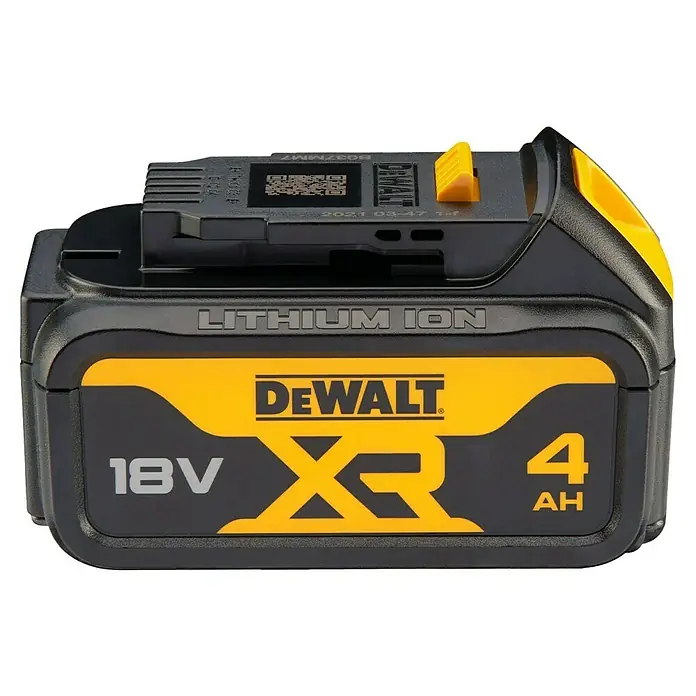 DeWalt XR 18V Akku DCB182-XJ - 18 V, Li-Ionen, 4 Ah - Nahaufnahme eines DeWalt 18V XR 4Ah Lithium-Ionen-Akkus, ideal für Elektrowerkzeuge und Bauanwendungen.