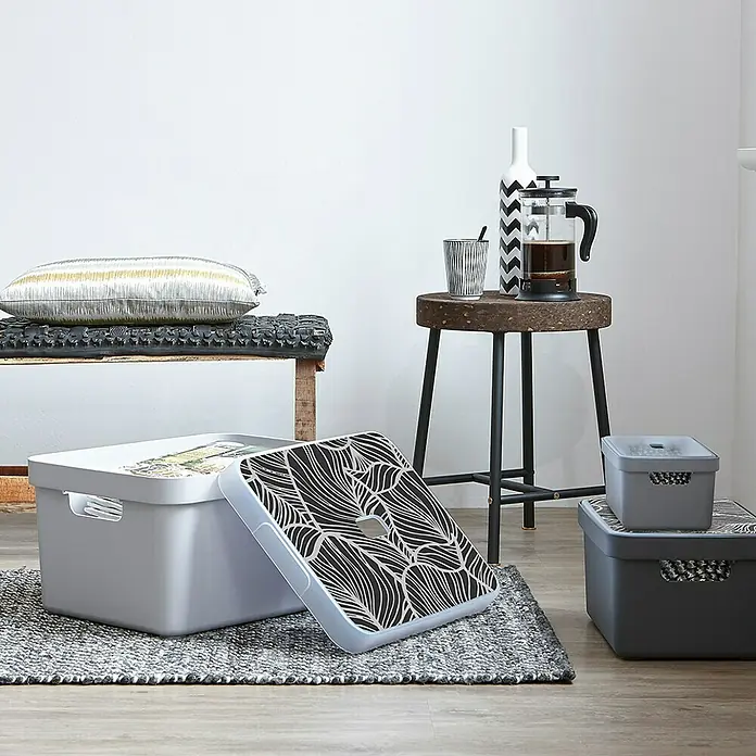 Sunware Aufbewahrungsbox Sigma Home - L x B x H: 44,5 x 34,5 x 24,3 cm, Kunststoff, Hellgrau - Aufbewahrungsboxen in Grau mit dekorativen Deckeln, die stilvolle Ordnung im Raum schaffen.\n