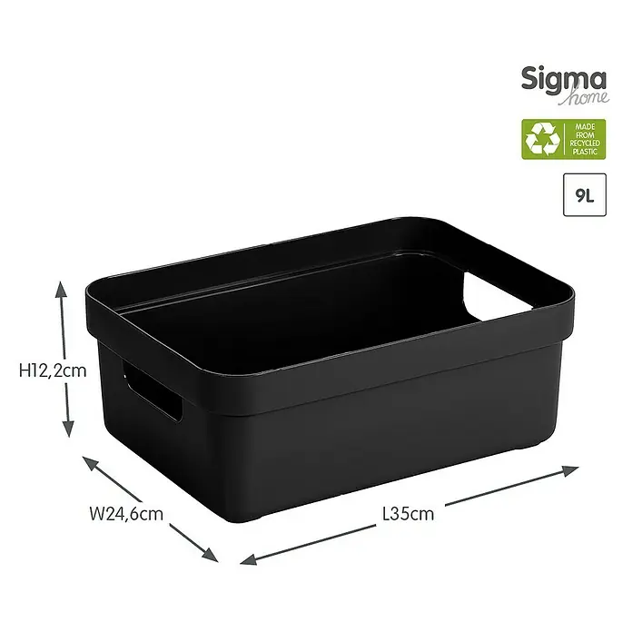 Sunware Aufbewahrungsbox Sigma Home - L x B x H: 35 x 24,6 x 12,2 cm, Kunststoff, Schwarz - Produktabbildung: Schwarze Sigma Home Aufbewahrungsbox aus recyceltem Kunststoff mit den Maßen H12,2cm, B24,6cm, L35cm und einem Volumen von 9L.