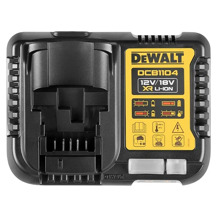 DeWalt XR 18V Akku & Ladegerät DCB1104M2-QW - 18 V, 2 Akkus, 4 Ah - Nahaufnahme des DeWalt DCB1104 12V/18V XR Li-Ion Akkuladegeräts, das ein kompaktes Design und Ladeanzeigen aufweist.