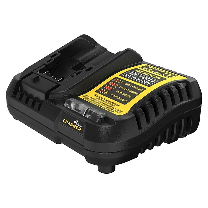 DeWalt XR 18V Akku & Ladegerät DCB1104M2-QW - 18 V, 2 Akkus, 4 Ah - Das Bild zeigt ein DeWalt DCB1104 12V/20V Lithium-Ionen-Akkuladegerät, ein 4-Ampere-Ladegerät, das für schnelles und effizientes Aufladen entwickelt wurde.