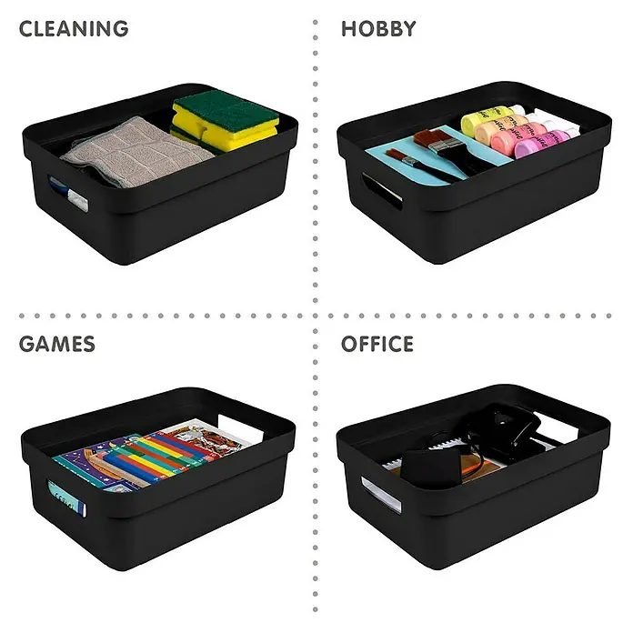 Sunware Aufbewahrungsbox Sigma Home - L x B x H: 35 x 24,6 x 12,2 cm, Kunststoff, Schwarz - Bild zeigt vier schwarze Aufbewahrungsboxen mit den Aufschriften "Reinigung", "Hobby", "Spiele" und "Büro", gefüllt mit entsprechenden Artikeln.
