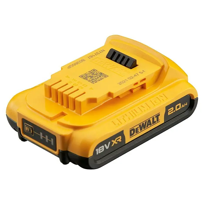 DeWalt XR 18V Akku DCB183-XJ - 18 V, Li-Ionen, 2 Ah - Nahaufnahme eines gelben DeWalt 18V XR Lithium-Ionen-Akkus mit 2,0 Ah, der für seine Leistung und lange Lebensdauer beworben wird.