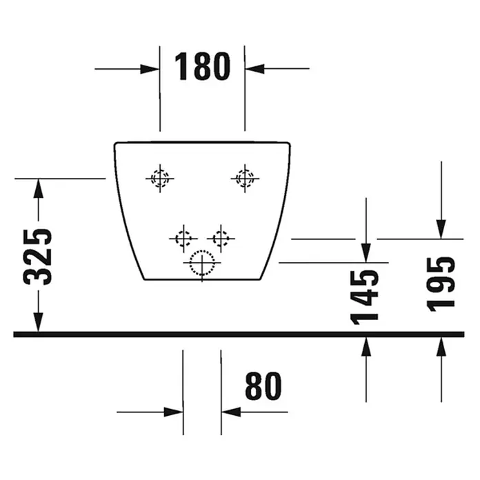 Duravit Happy D.2 Wand-Bidet - 35,5 x 54 cm, Weiß, Keramik, Ohne Spezialglasur - Technische Zeichnung einer hängenden Keramik-Toilette mit Maßangaben zur Installation.