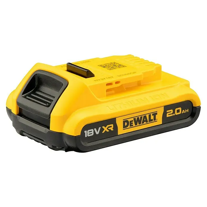 DeWalt XR 18V Akku DCB183-XJ - 18 V, Li-Ionen, 2 Ah - Nahaufnahme eines gelben DeWalt 18V XR 2.0Ah Lithium-Ionen-Akkus, ideal für kabellose Elektrowerkzeuge und Heimwerkerprojekte.