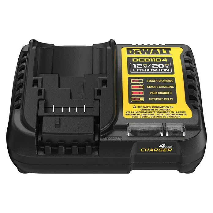 DeWalt XR 18V Akku & Ladegerät DCB1104M2-QW - 18 V, 2 Akkus, 4 Ah - DEWALT DCB1104 12V/20V Lithium-Ionen-Akkuladegerät mit LED-Anzeigen für Ladestatus und 4 Ampere Ladestrom für schnelles Aufladen.