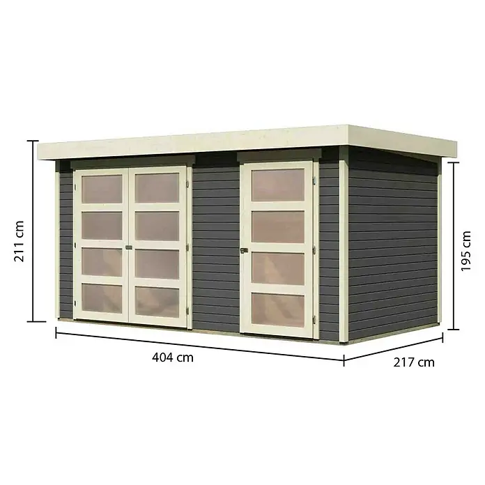 Karibu Gartenhaus Mühlentrup 1 - Außenmaß inkl. Dachüberstand (B x T): 428 x 238 cm, Holz, Terragrau - Abbildung eines Gartenhauses mit den Maßen 404 cm Breite, 217 cm Tiefe und 211 cm Höhe, dargestellt zur Produktinformation.