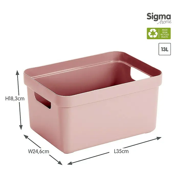 Sunware Aufbewahrungsbox Sigma Home - L x B x H: 35 x 24,6 x 18,3 cm, Kunststoff, Rosa - Abgebildet ist eine rosafarbene Aufbewahrungsbox aus recyceltem Kunststoff von Sigma Home mit den Maßen H18,3cm, B24,6cm und L35cm, mit einem Fassungsvermögen von 13 Litern.