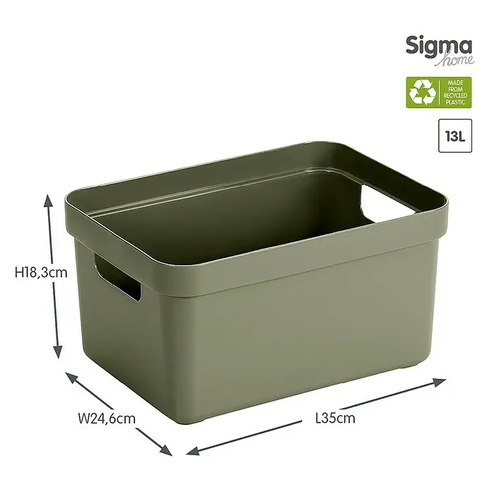 Sunware Aufbewahrungsbox Sigma Home - L x B x H: 35 x 24,6 x 18,3 cm, Kunststoff, Dunkelgrün - Ein olivgrüner Sigma Home Aufbewahrungsbehälter aus recyceltem Kunststoff mit den Maßen H18,3cm x B24,6cm x L35cm und einem Fassungsvermögen von 13 Litern.