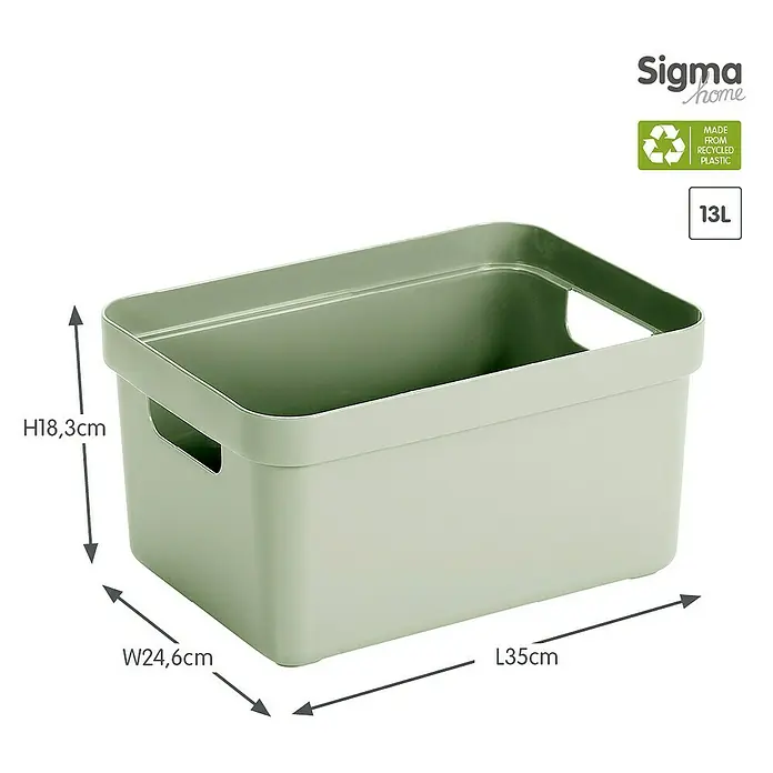 Sunware Aufbewahrungsbox Sigma Home - L x B x H: 35 x 24,6 x 18,3 cm, Kunststoff, Hellgrün - Abgebildet ist ein grüner Sigma Home Aufbewahrungsbehälter aus recyceltem Kunststoff mit den Maßen H18,3cm x B24,6cm x L35cm und einem Fassungsvermögen von 13L.