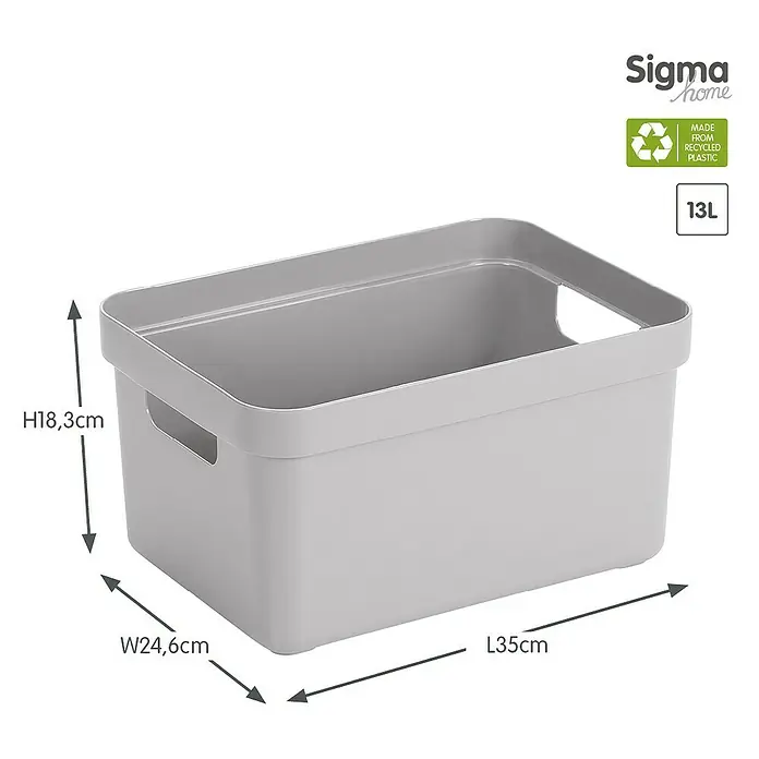 Sunware Aufbewahrungsbox Sigma Home - L x B x H: 35 x 24,6 x 18,3 cm, Kunststoff, Hellgrau - Abgebildete graue Sigma Home Aufbewahrungsbox aus recyceltem Kunststoff mit den Maßen H18,3 cm, B24,6 cm, L35 cm und einem Fassungsvermögen von 13 Litern.